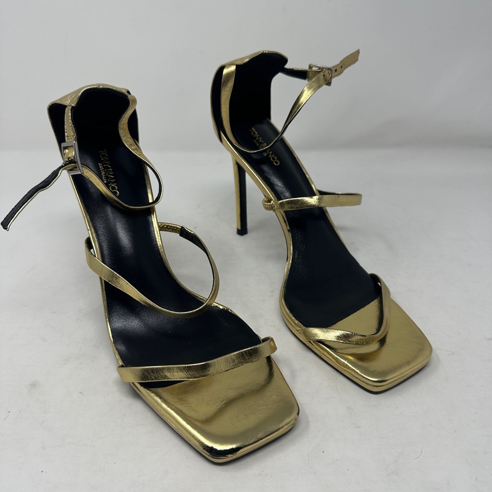 Tony Bianco Forza Gold Foil Open Toe Stiletto Strappy Heels Square Toe Womens 9